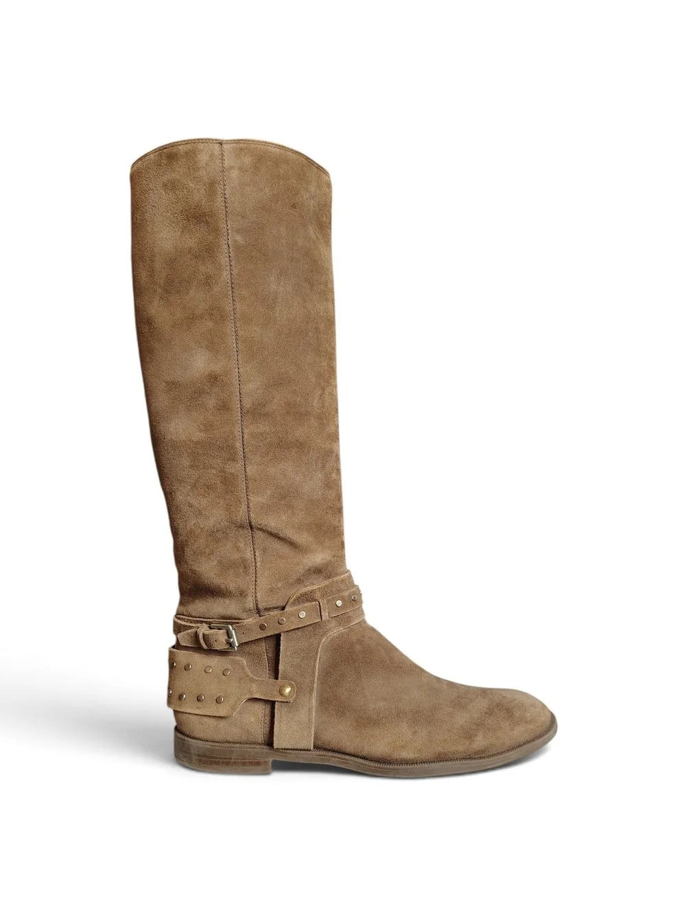 Nine West Luciana Tan Suede Studded Harness Riding Boots Women's Size 9